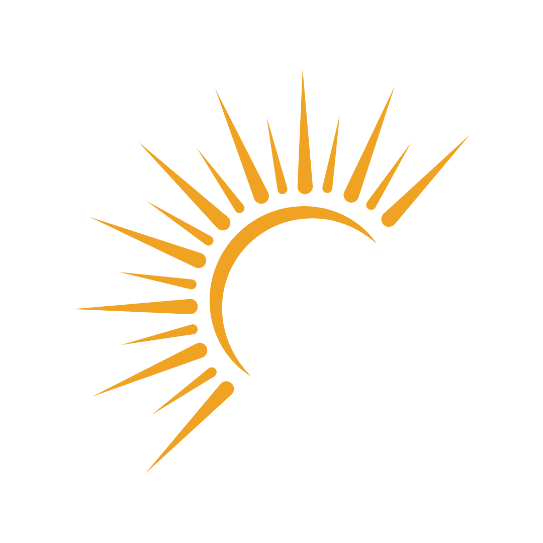 Un design de soleil stylisé avec une lune, utilisant des lignes orange sur un fond noir.
