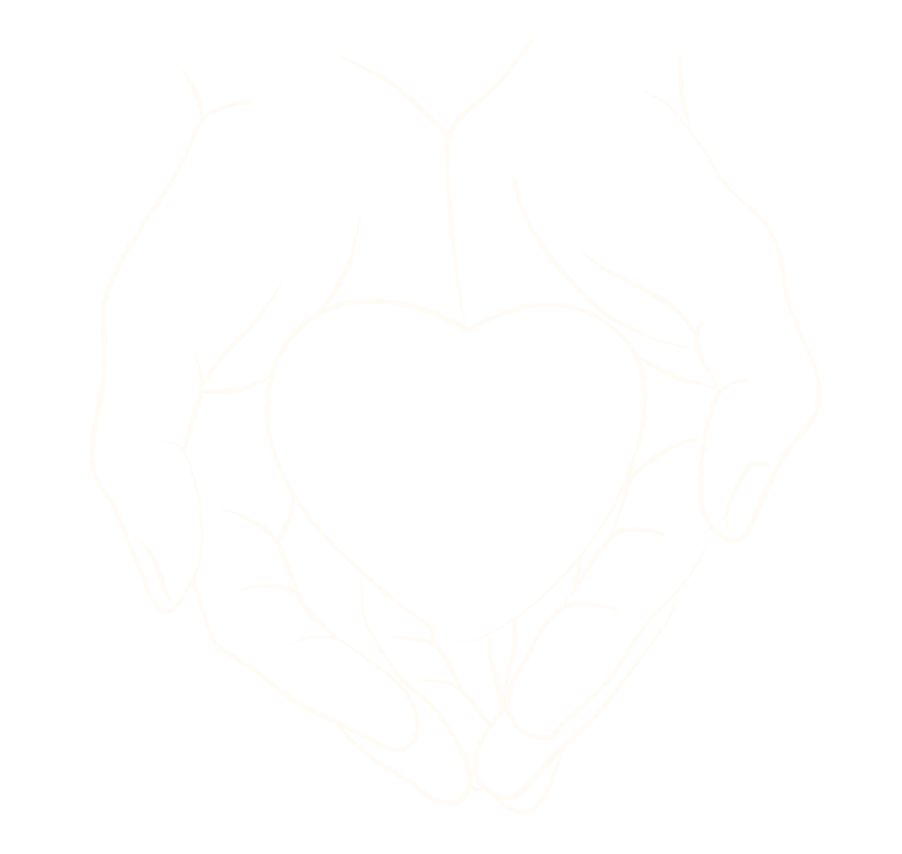 Deux mains esquissées tenant un cœur noir en forme de cœur.