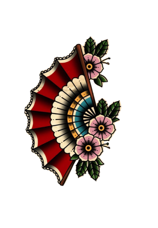 Un éventail coloré avec des fleurs roses et des feuilles vertes.