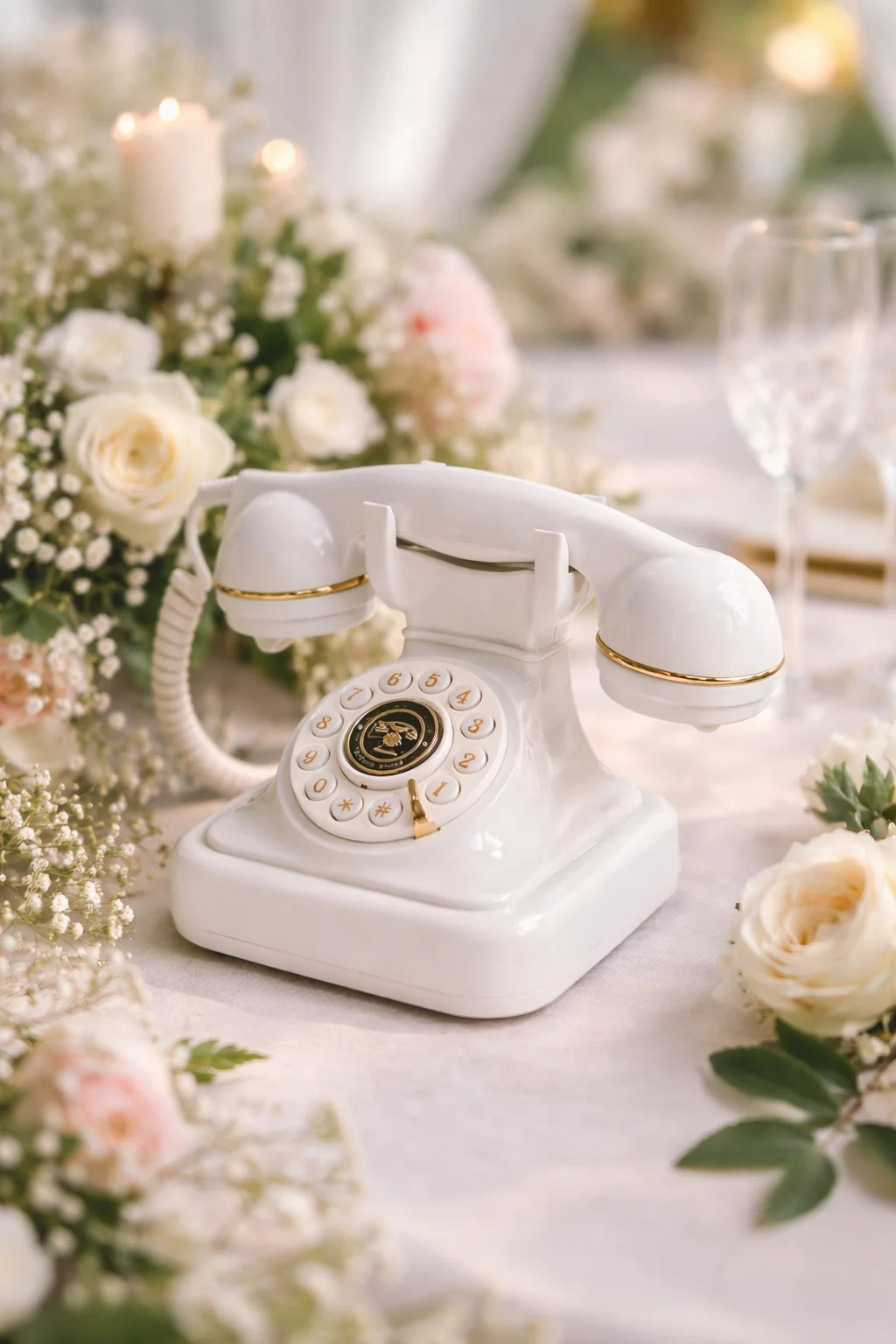 Un téléphone vintage blanc posé sur une table décorée de fleurs blanches, avec des verres à vin en arrière-plan.