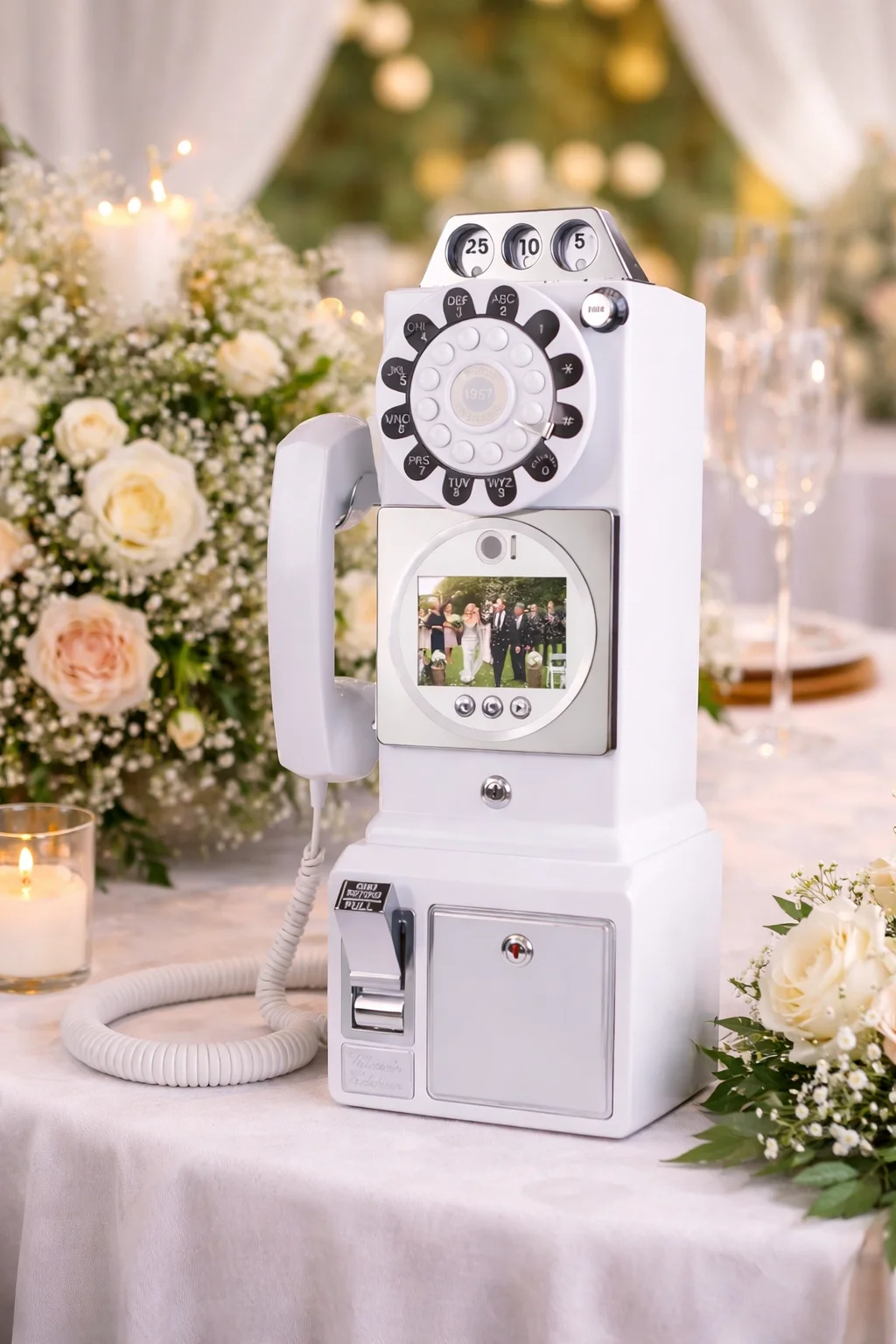 Un téléphone à cadran vintage transformé en machine à selfie, placé sur une table décorée avec des fleurs et des bougies, dans un cadre festif ou de célébration.