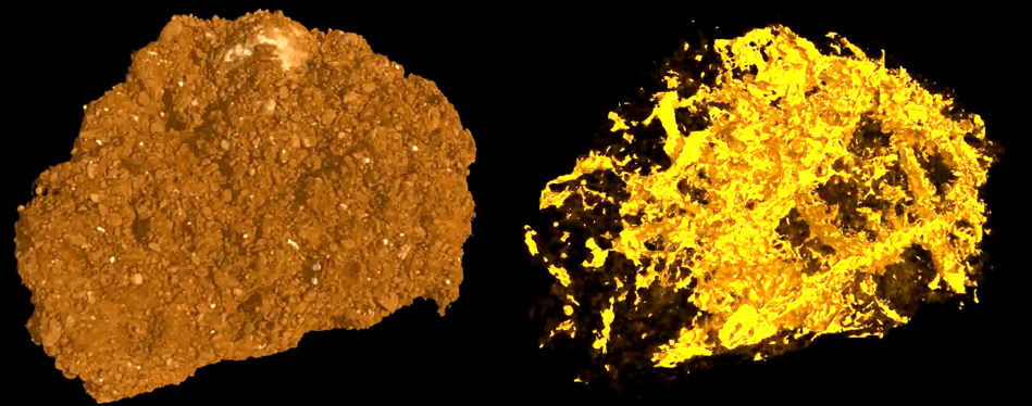 Two pieces of mineral or geological material, one with a rough, brownish texture and the other glowing yellow and black with a rough, crystalline surface.