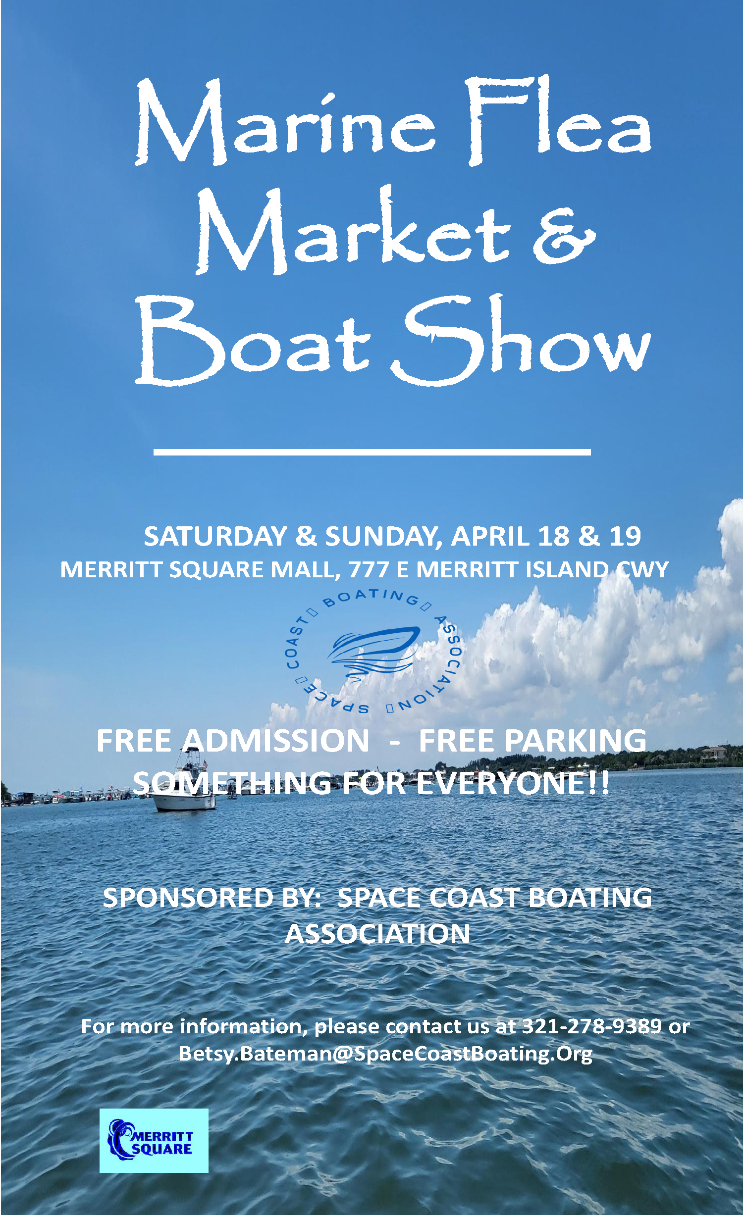 Flyer for Marine Flea Market & Boat Show with event details under a background of water and sky, featuring a logo of the Space Coast Boating Association and contact information.