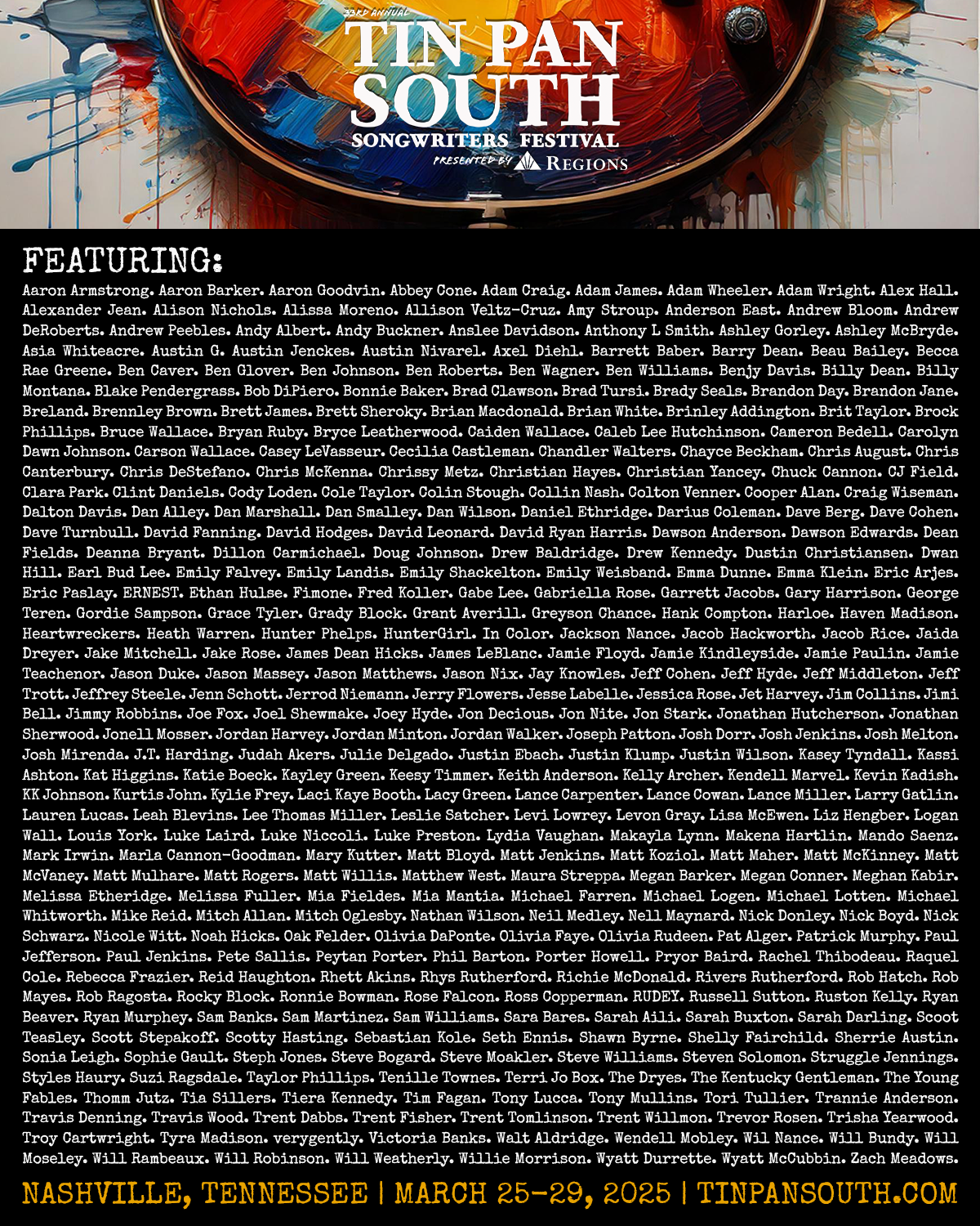 FULL SCHEDULE AND LINEUP REVEALED FOR 33RD ANNUAL TIN PAN SOUTH SONGWRITERS FESTIVAL