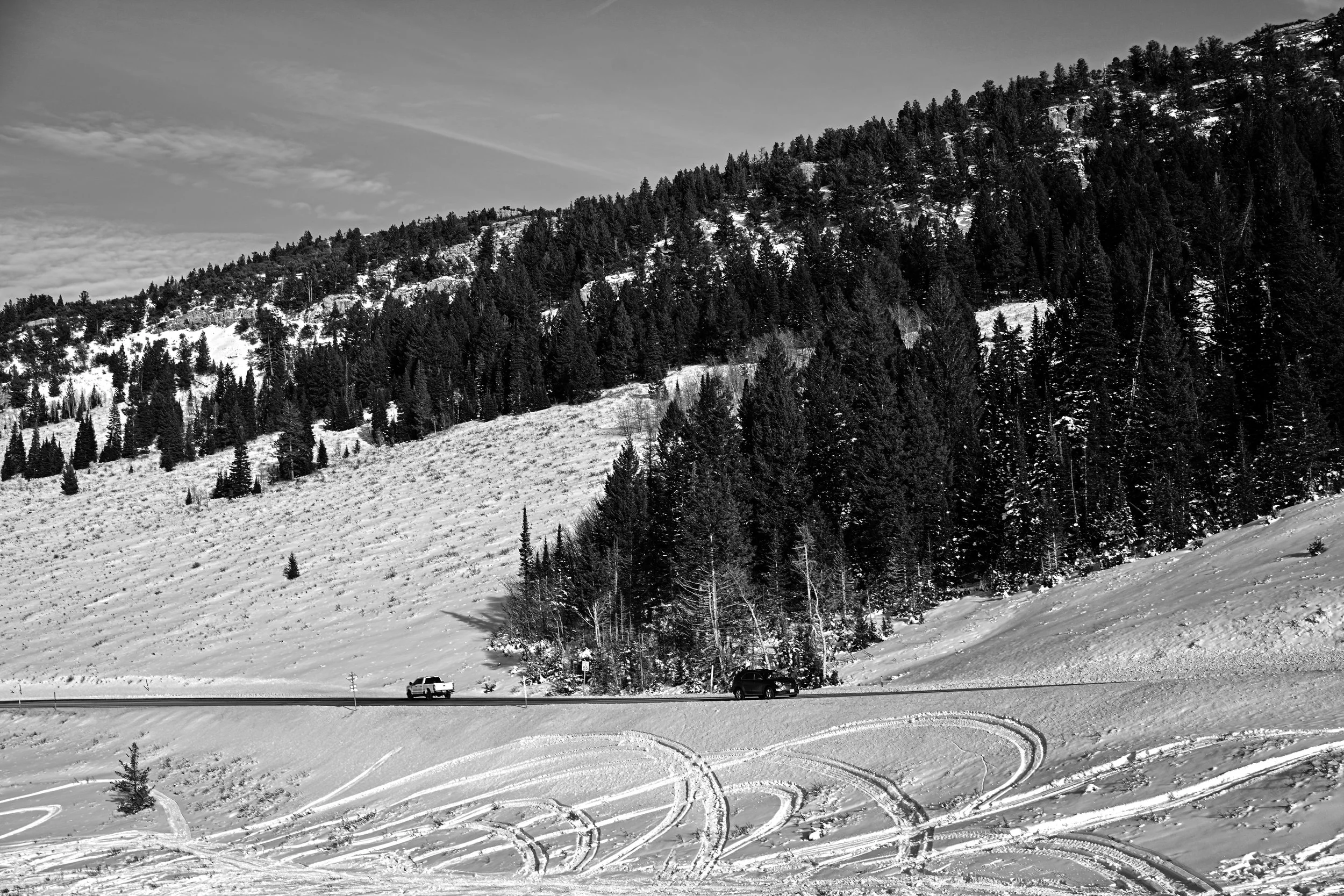 Snow-covered mountain landscape with pine trees, a road with two vehicles, and ski tracks in the snow, black and white photo.