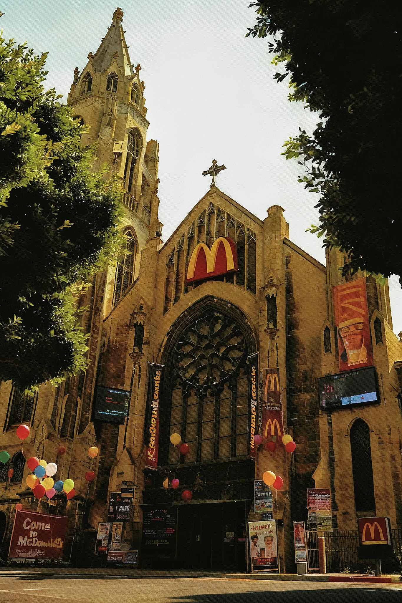 The image shows a Gothic-style church with McDonald's signage and advertisements on its facade, decorated with colorful balloons and surrounded by trees.