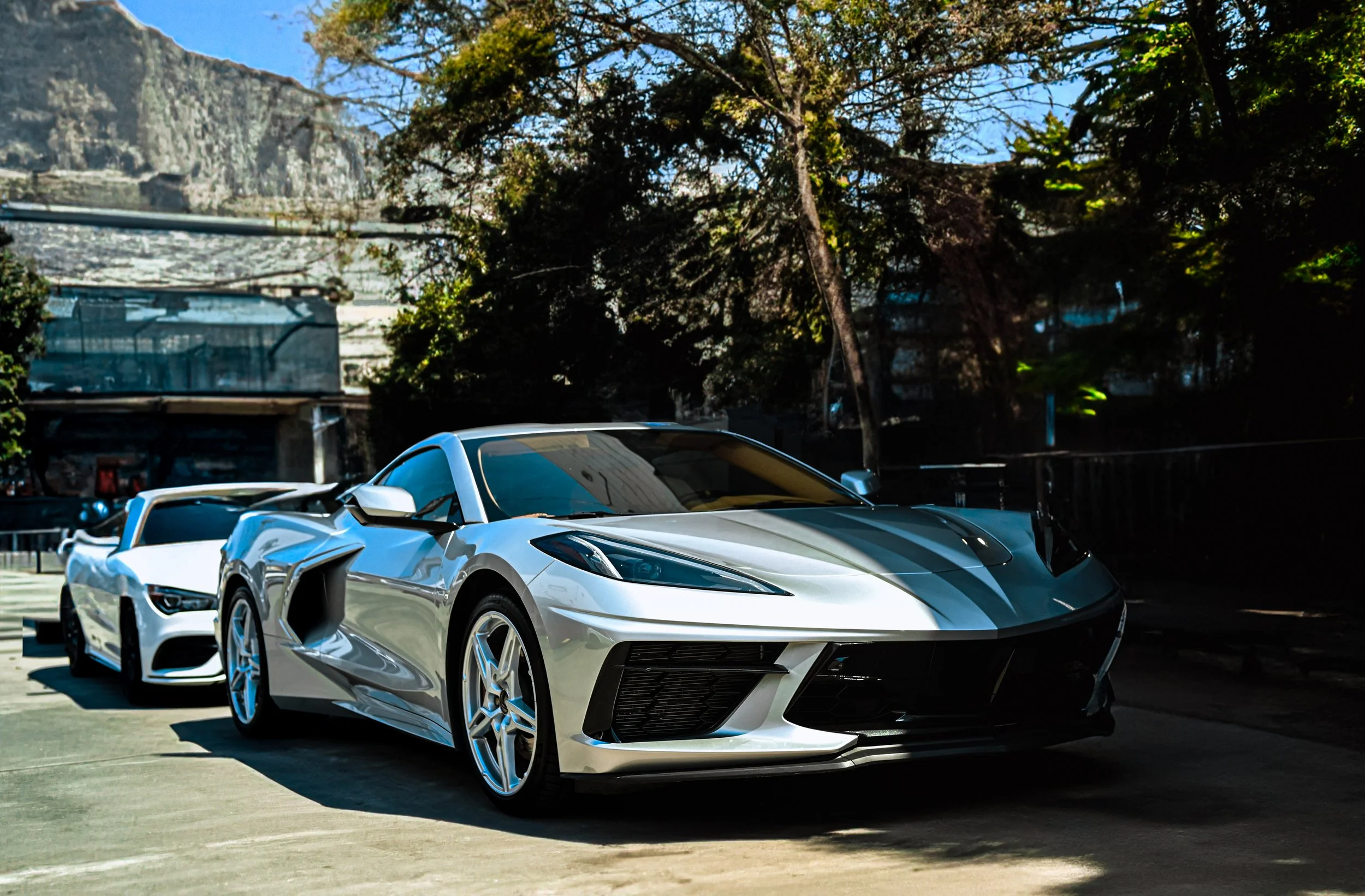 Two sleek, silver sports cars parked outdoors on a concrete surface, with trees and a hillside in the background under a clear blue sky.