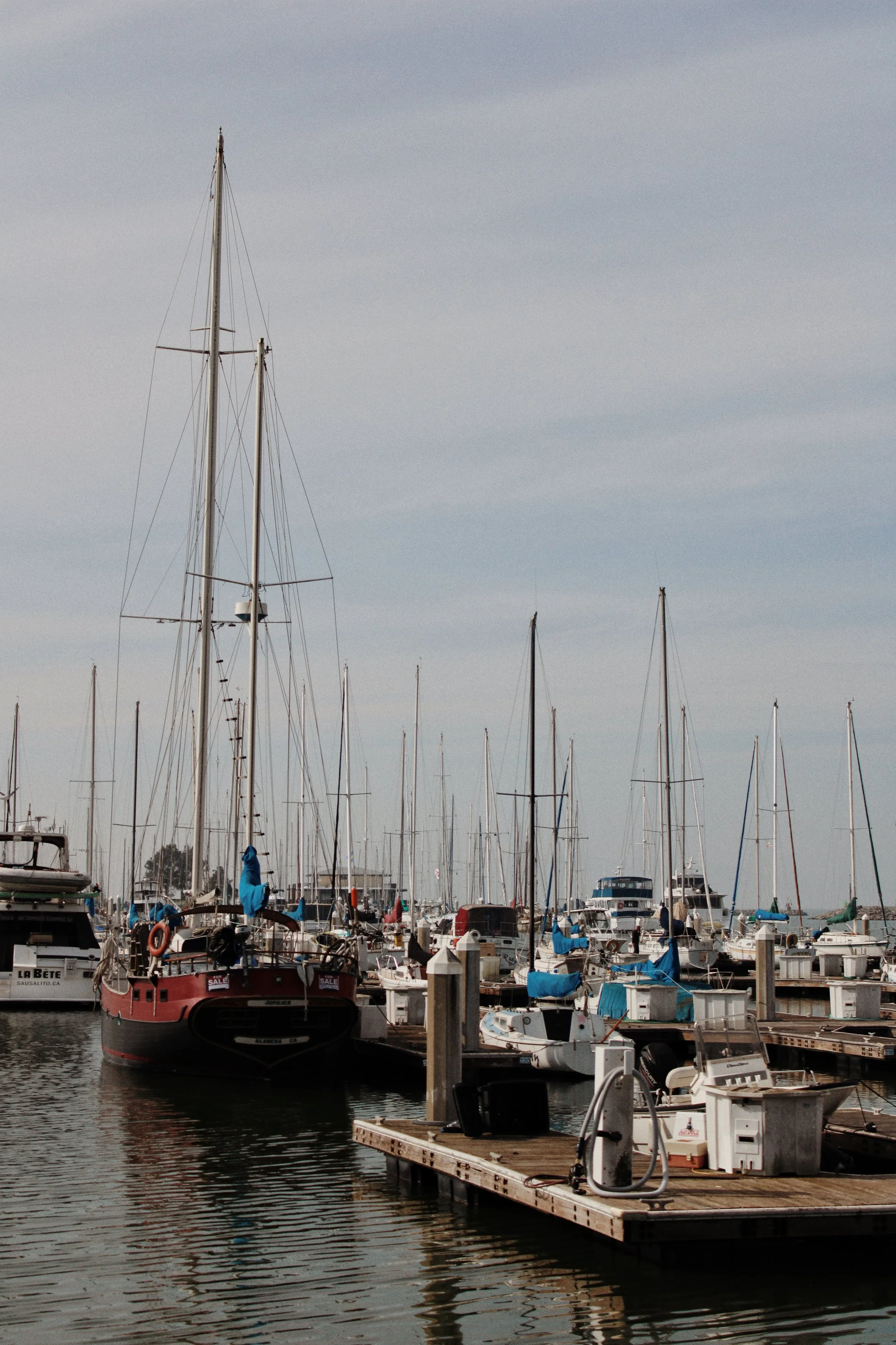 A marina with numerous sailboats and yachts docked at wooden piers on calm water, with a cloudy sky overhead.