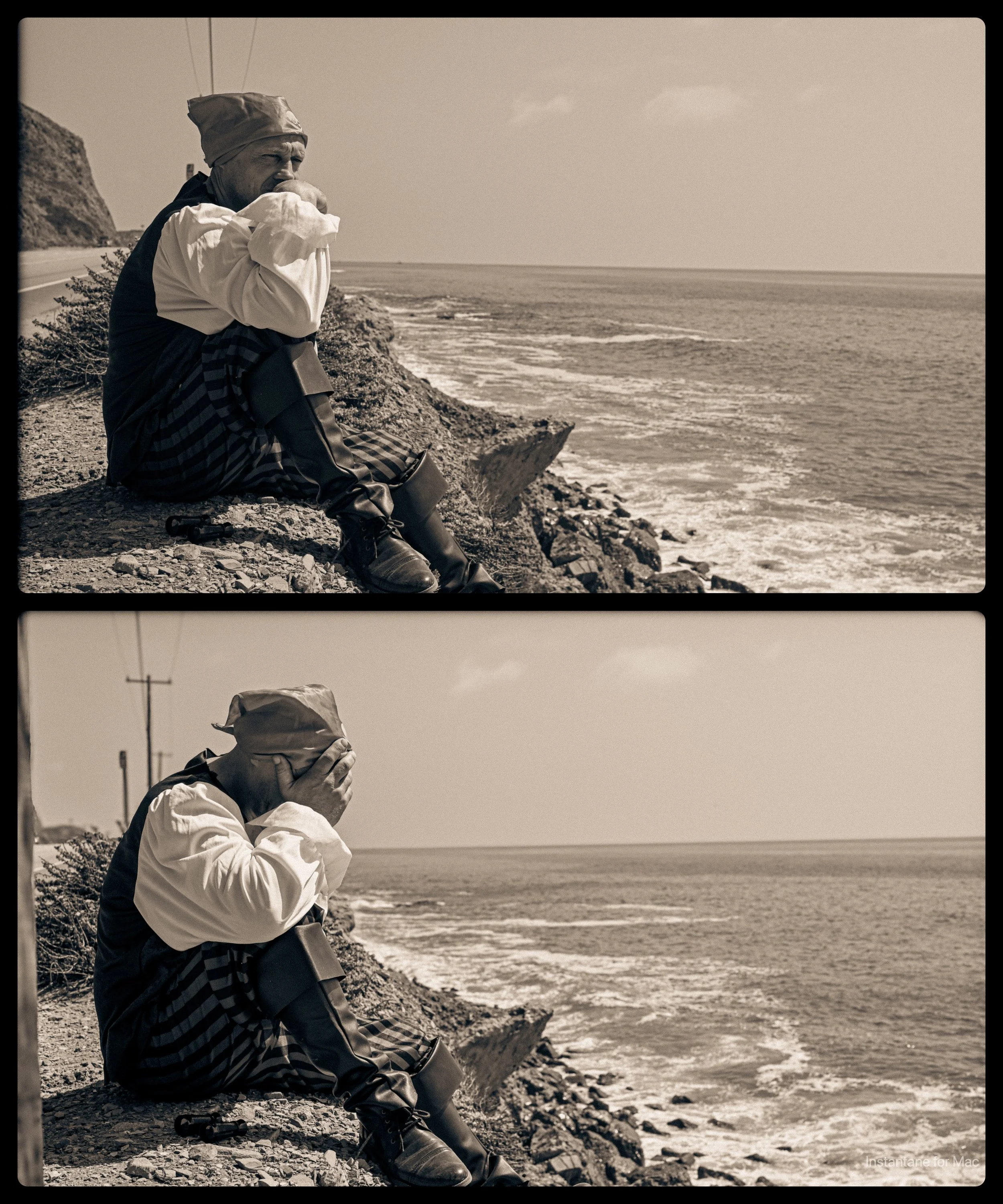 A person sitting on a cliff edge overlooking the ocean, showing two different emotional states with one showing a contemplative mood and the other covering their face in distress.