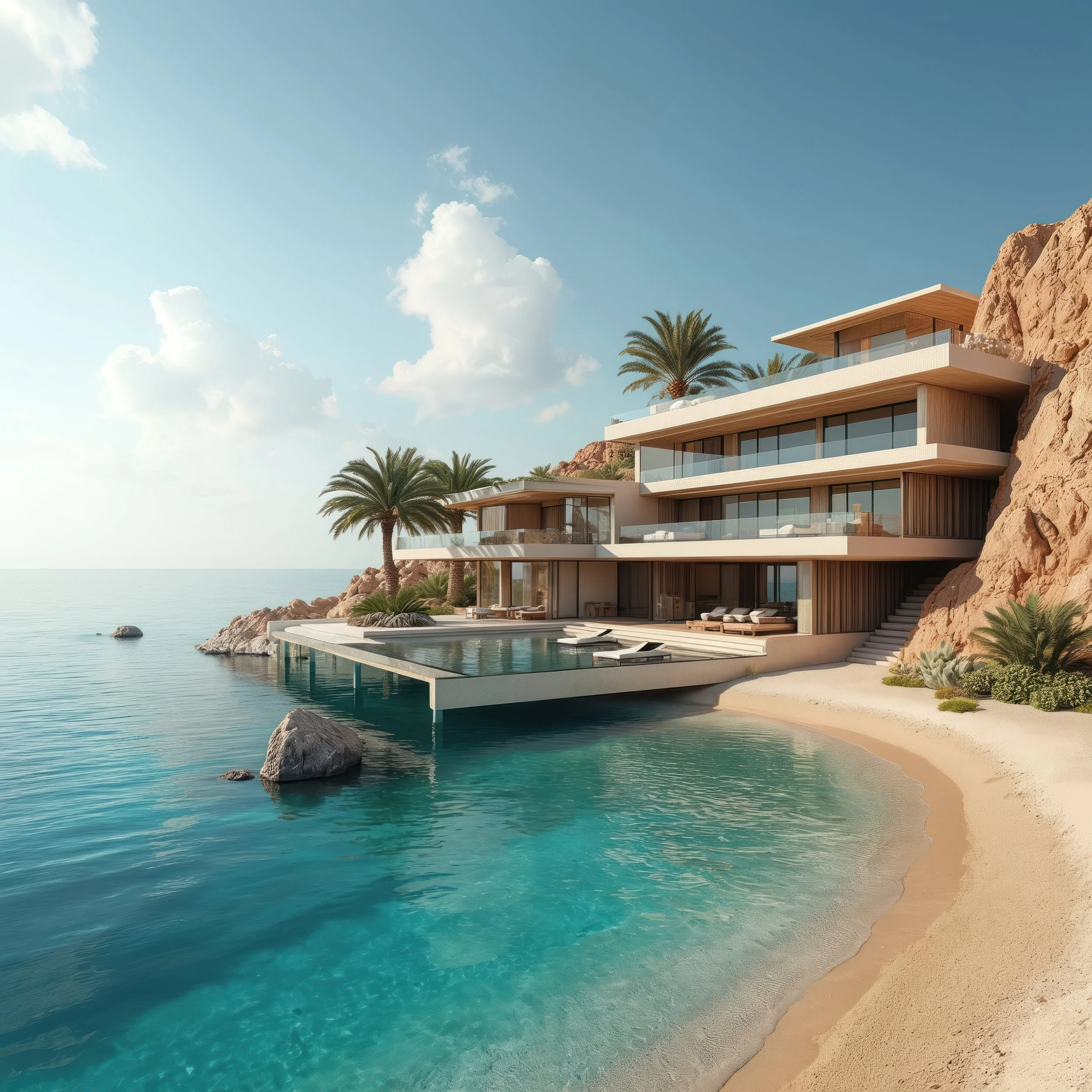 Modern beachfront house with multiple levels, large glass windows, and an infinity pool overlooking the ocean, surrounded by palm trees and rocky terrain.