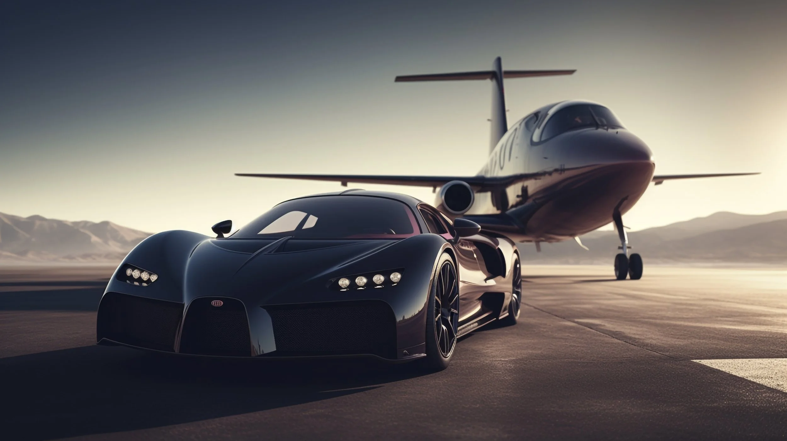 A black Bugatti sports car with sleek design and tinted windows parked on a runway, with a private jet in the background and mountains under a clear sky at sunset.