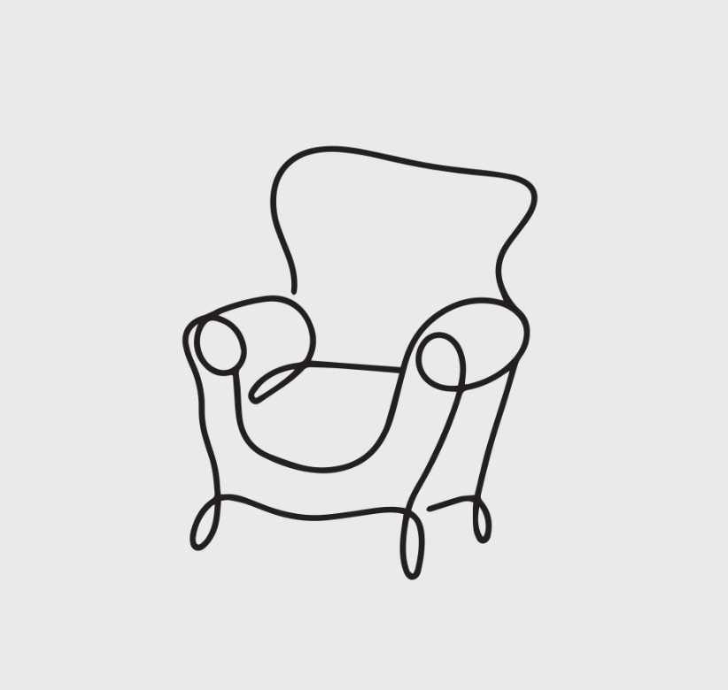 Line drawing of an armchair with a high backrest and rounded armrests, sketched with continuous black line on a gray background.