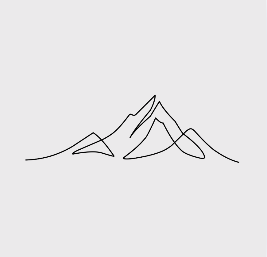 Line drawing of mountain peaks on a light gray background.