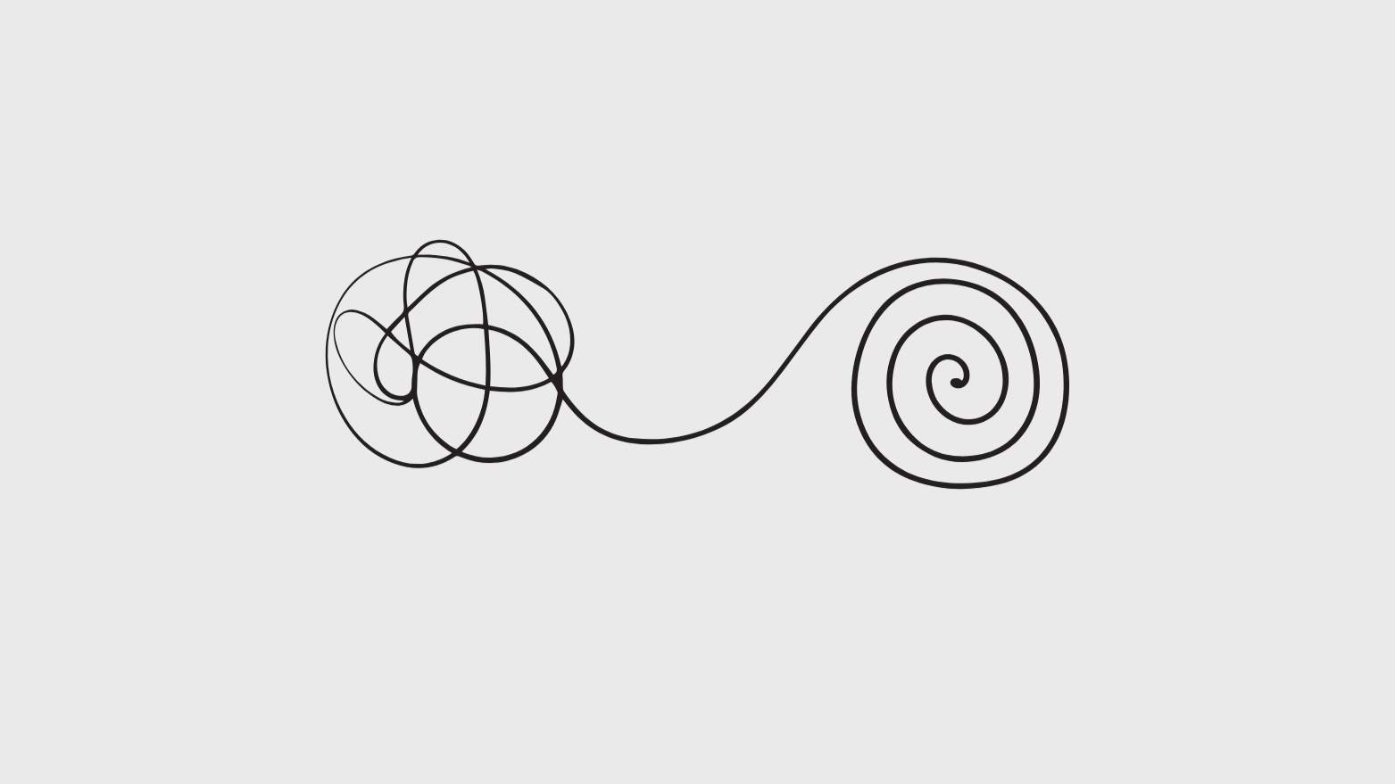 A black line drawing of a tangled, scribbled ball on the left connected by a line to a neat spiral on the right, on a light gray background.