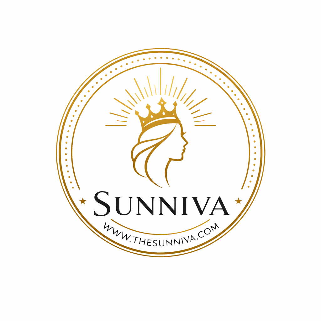 A logo featuring a gold crown above the profile of a woman with flowing hair, with rays emanating from the crown. The text 'SUNNIVA' is below, with the website 'www.thesunniva.com' underneath.