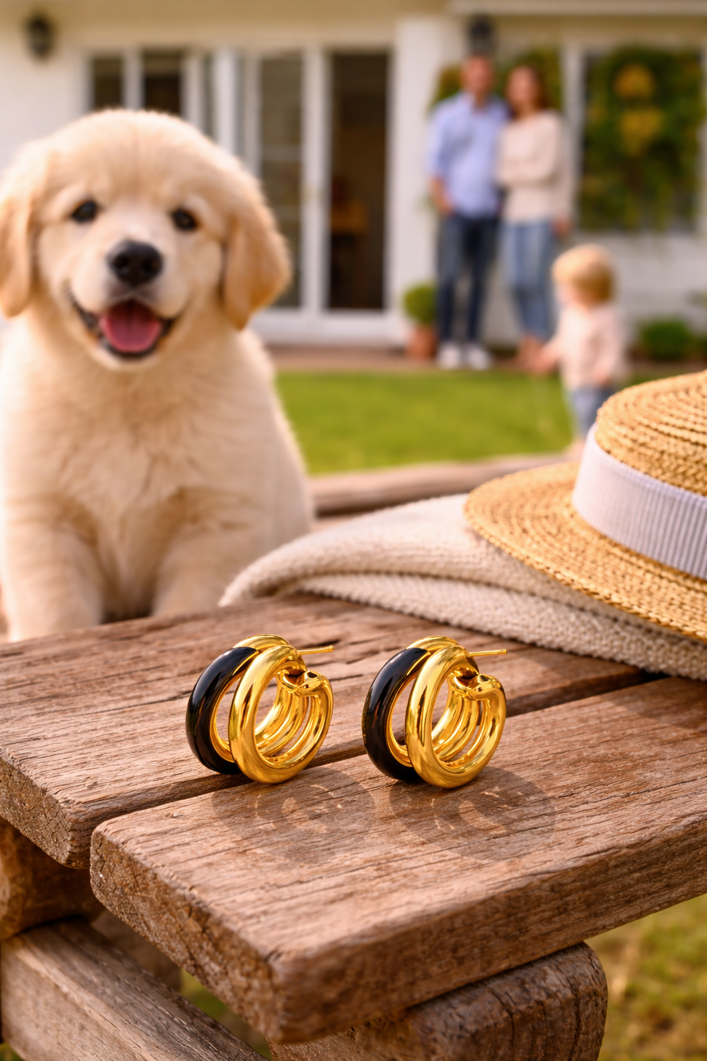 Gold hoops and playful pup in sunlight.png