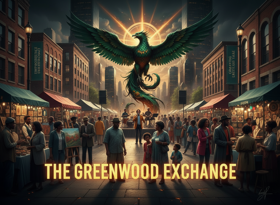 A lively outdoor market scene in a city street with people browsing stalls, musicians performing in front of a large mythical phoenix with outstretched wings and a glowing halo, and tall buildings in the background. The event is titled "The Greenwood Exchange."
