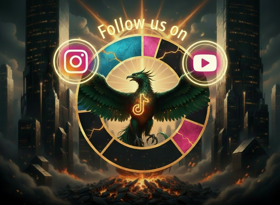 A digital artwork featuring a phoenix with outstretched wings centered in front of a circular design that promotes following on social media platforms. The background depicts a dystopian city with dark skyscrapers and a fiery, volcanic base. Icons for Instagram and YouTube are displayed on either side of the phoenix, with the text "Follow us on" above.