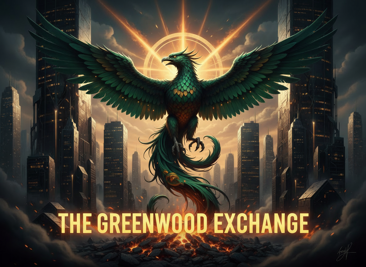 A mythical bird with green and orange feathers soaring above a city skyline with tall buildings. The bird is surrounded by a glowing circular light with rays extending outward, and there is fire and smoke on the ground below.