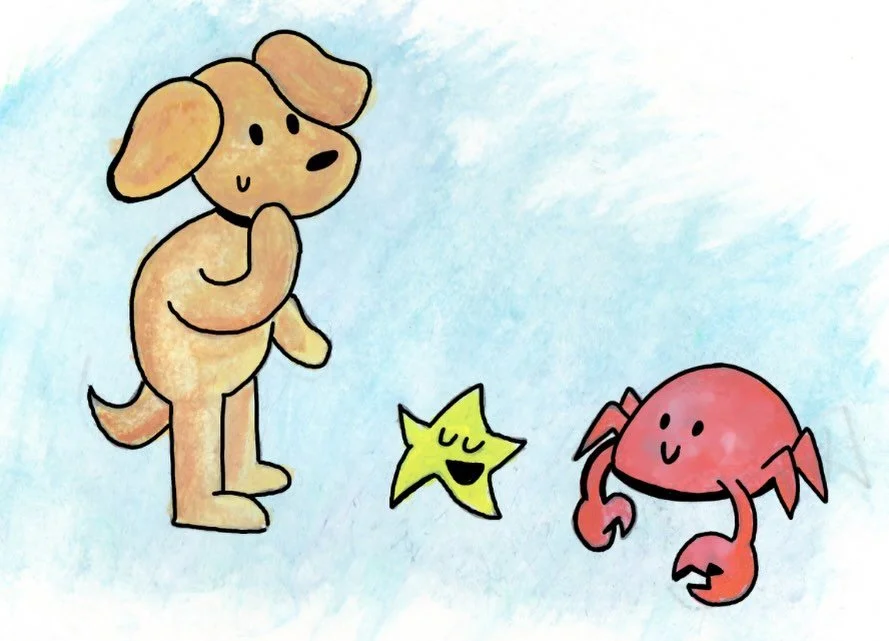 A cartoon dog with a thoughtful expression, a smiling starfish, and a smiling crab on a light blue background.