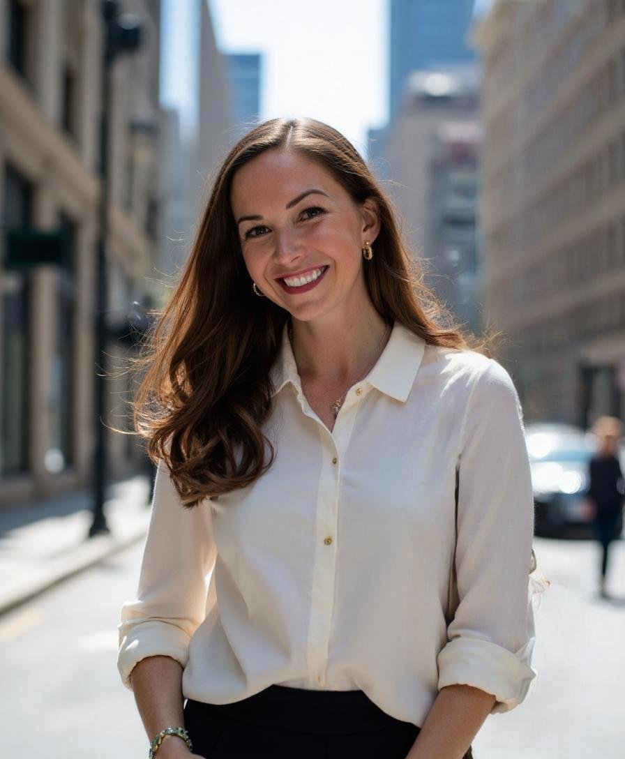 A smiling woman with long brown hair wearing a white blouse and gold jewelry, standing in an urban city street with tall buildings and pedestrians.