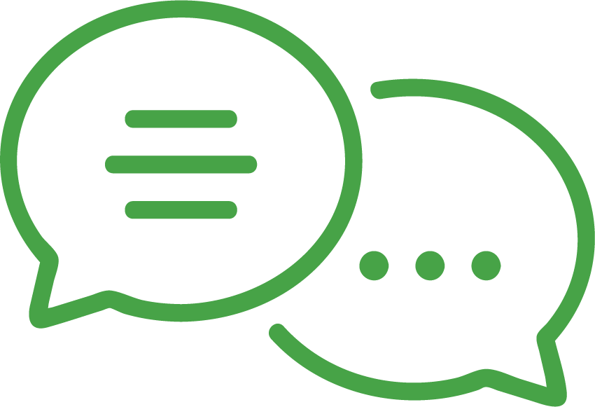 Two green speech bubbles, one containing lines representing text and the other containing three dots indicating ongoing conversation.