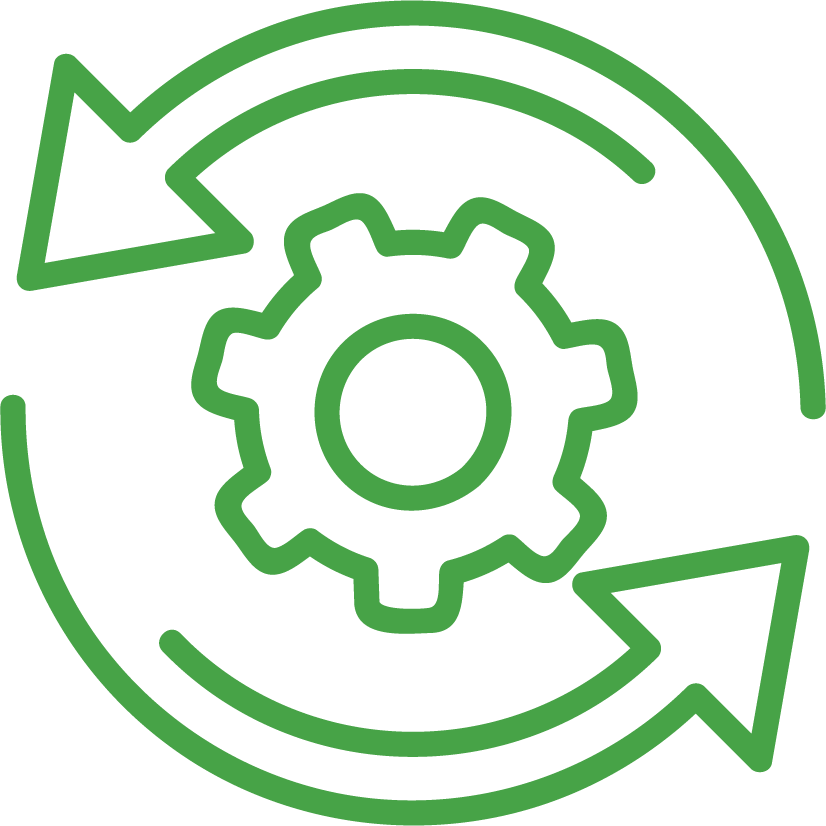 Green gear with circular arrows around it, indicating process or system update.
