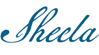 The word 'Sheela' written in blue cursive script.