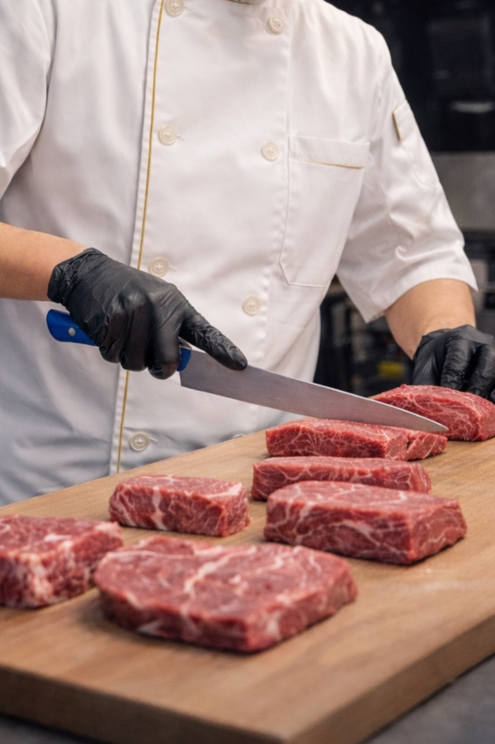 A chef in a white uniform and black gloves slices raw beef on a wooden cutting board in a kitchen.