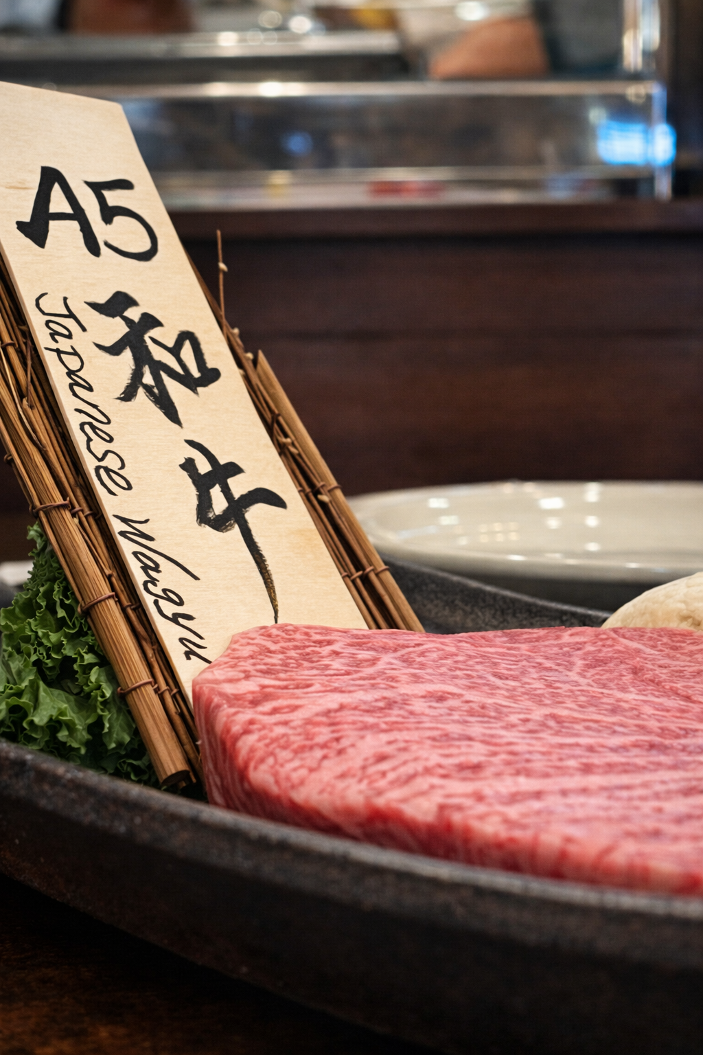 Freshly sliced marbled beef steak on a tray with a sign displaying 'A5 Japanese Wagyu Beef' in black calligraphy, decorated with green lettuce leaves.