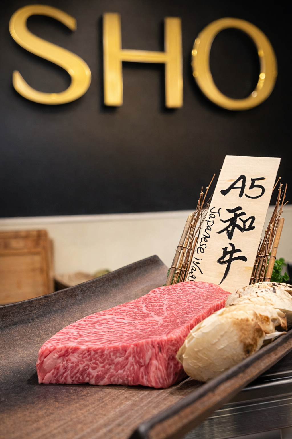 A thick cut of marbled Wagyu beef on a black platter with a handwritten sign displaying 'A5' and Japanese characters, placed on bamboo sticks, in front of a dark wall with large gold letters spelling 'SHO'.