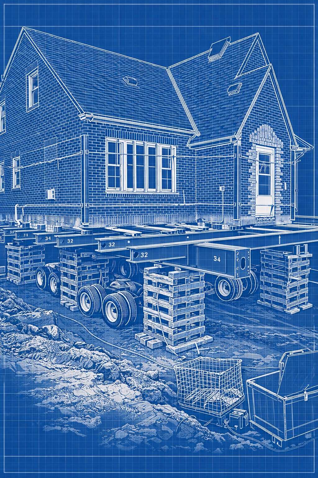 Blueprint drawing of a house under construction with the supported building, temporary shoring, and building materials.