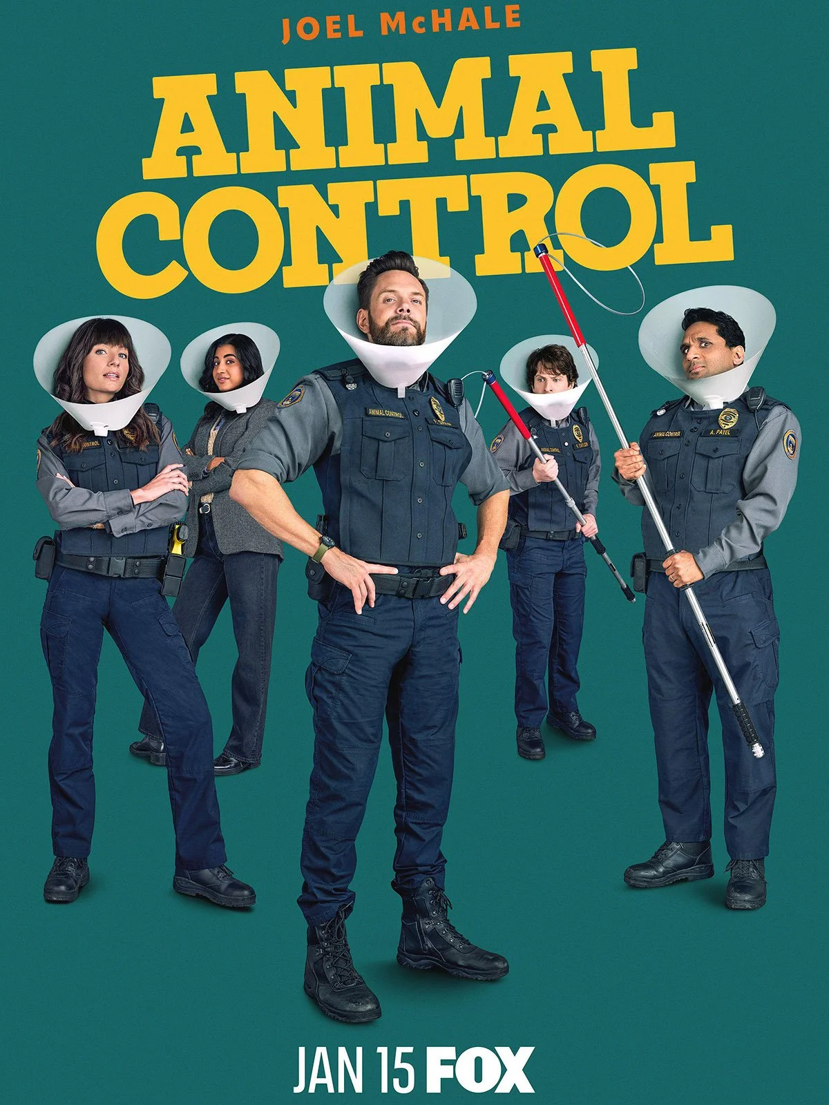 Promotional poster for the TV show 'Animal Control' featuring officers in uniform, some with cone-shaped collars and others holding long sticks, against a green background. The title is in large yellow letters, with the name Joel McHale at the top and the airing date, January 15, on FOX at the bottom.