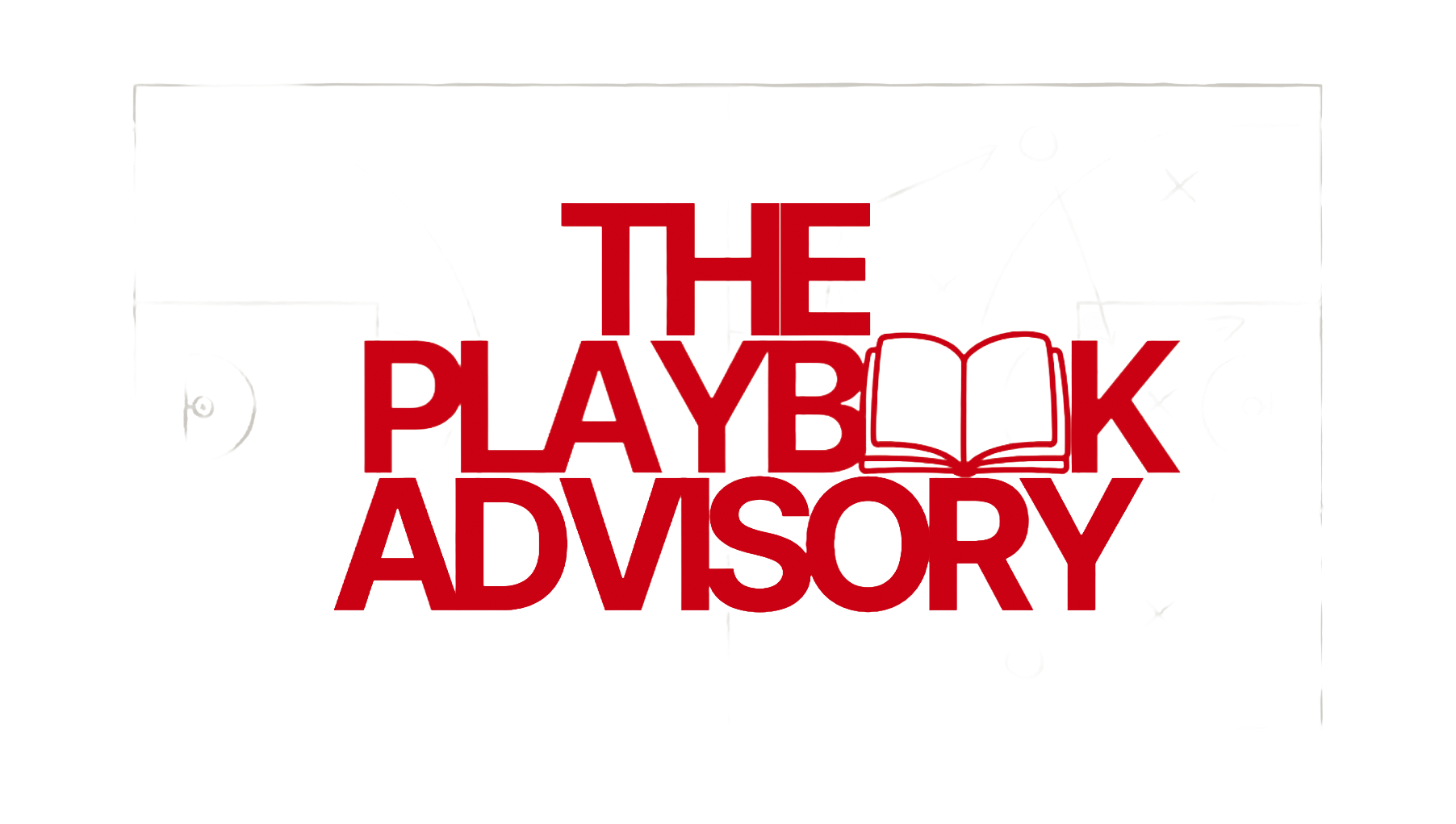 Basketball court diagram with text overlay reading 'The Playbook Advisory' in red, featuring a basketball and open book icon.