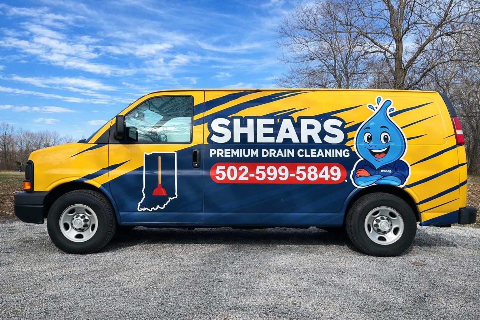 Yellow and blue work van with graphics for Shears Premium Drain Cleaning, featuring a smiling cartoon water droplet wearing a blue shirt with arms crossed, a red plunger graphic of the state of Indiana, and a phone number 502-599-5849.