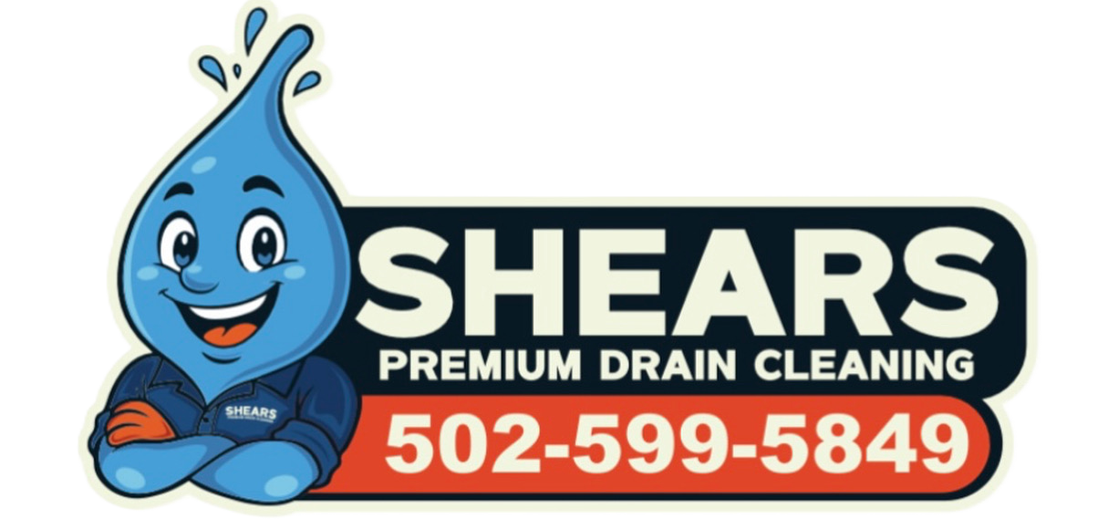 Logo of Shears Premium Drain Cleaning featuring a smiling blue water droplet mascot with arms crossed, wearing a blue shirt, and the company's phone number 502-599-5849 in white on a red background.