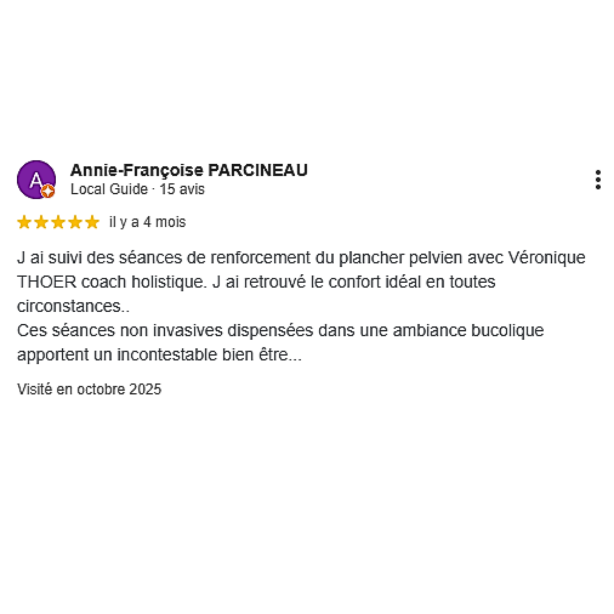 Après des séances de renforcement du plancher pelvien chez KoraFlow, cette cliente témoigne d’un confort retrouvé et d’un véritable mieux-être au quotidien.
