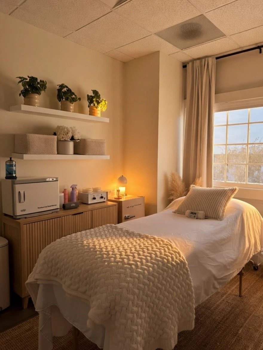 A cozy bedroom with a made bed covered in white linens and a knitted blanket. There is a pillow on the bed, and a window with white curtains letting in natural light. A wooden sideboard with a lamp, some bottles, and a white electronic device is against the wall. Two white shelves above hold plants, baskets, and decorative items. The room has a warm, inviting atmosphere with soft lighting.