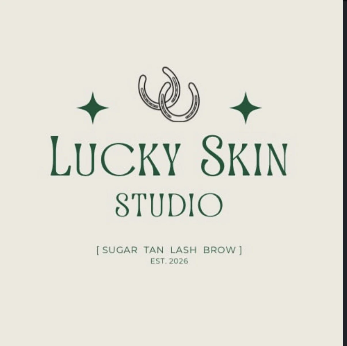Logo for Lucky Skin Studio featuring three horseshoes and two stars, with text indicating it specializes in sugar tan lash brows, established in 2026.