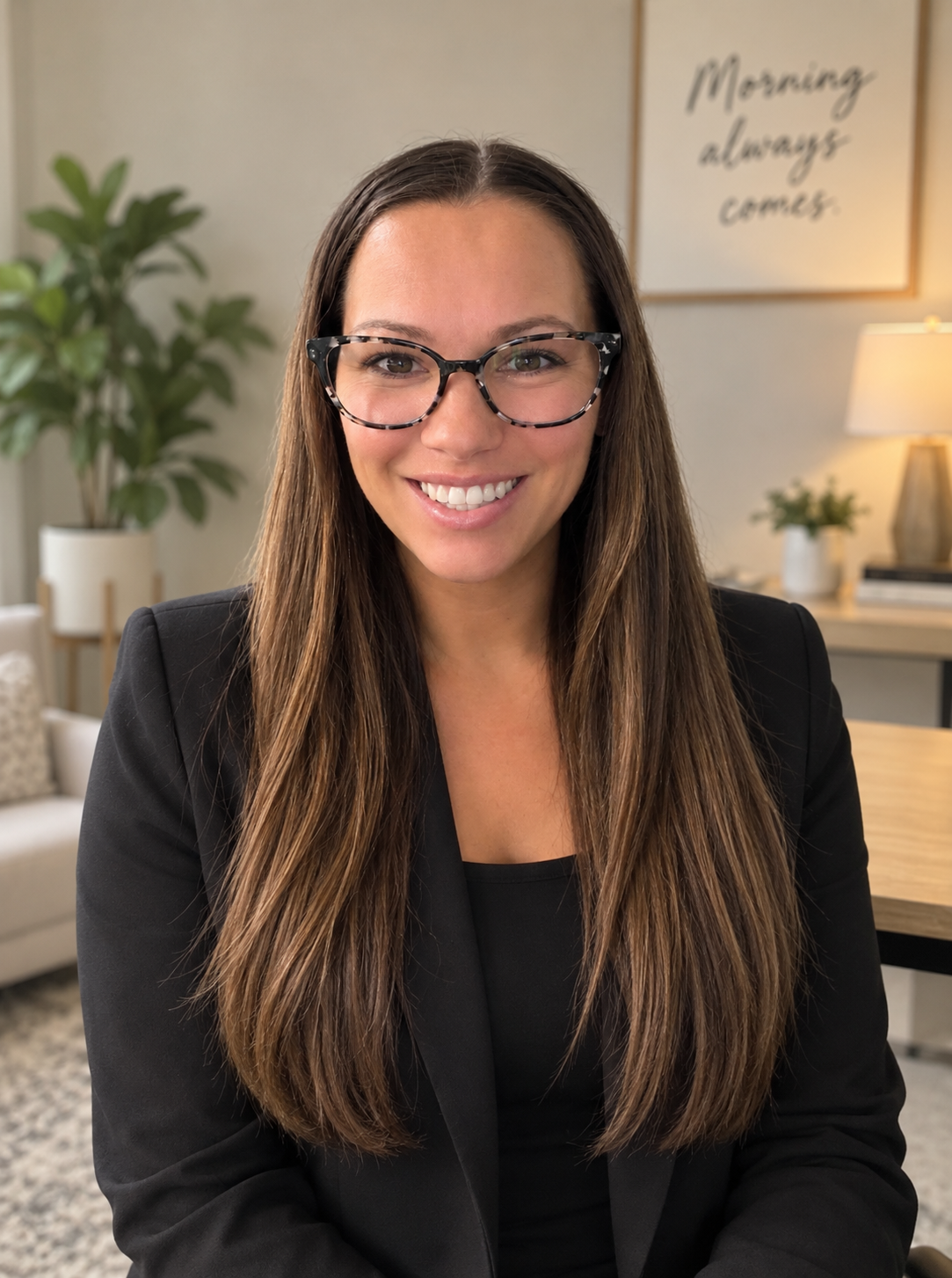 A woman with long brown hair, glasses, and a black blazer smiling in a modern living space with plants, artwork, and a lamp behind her.