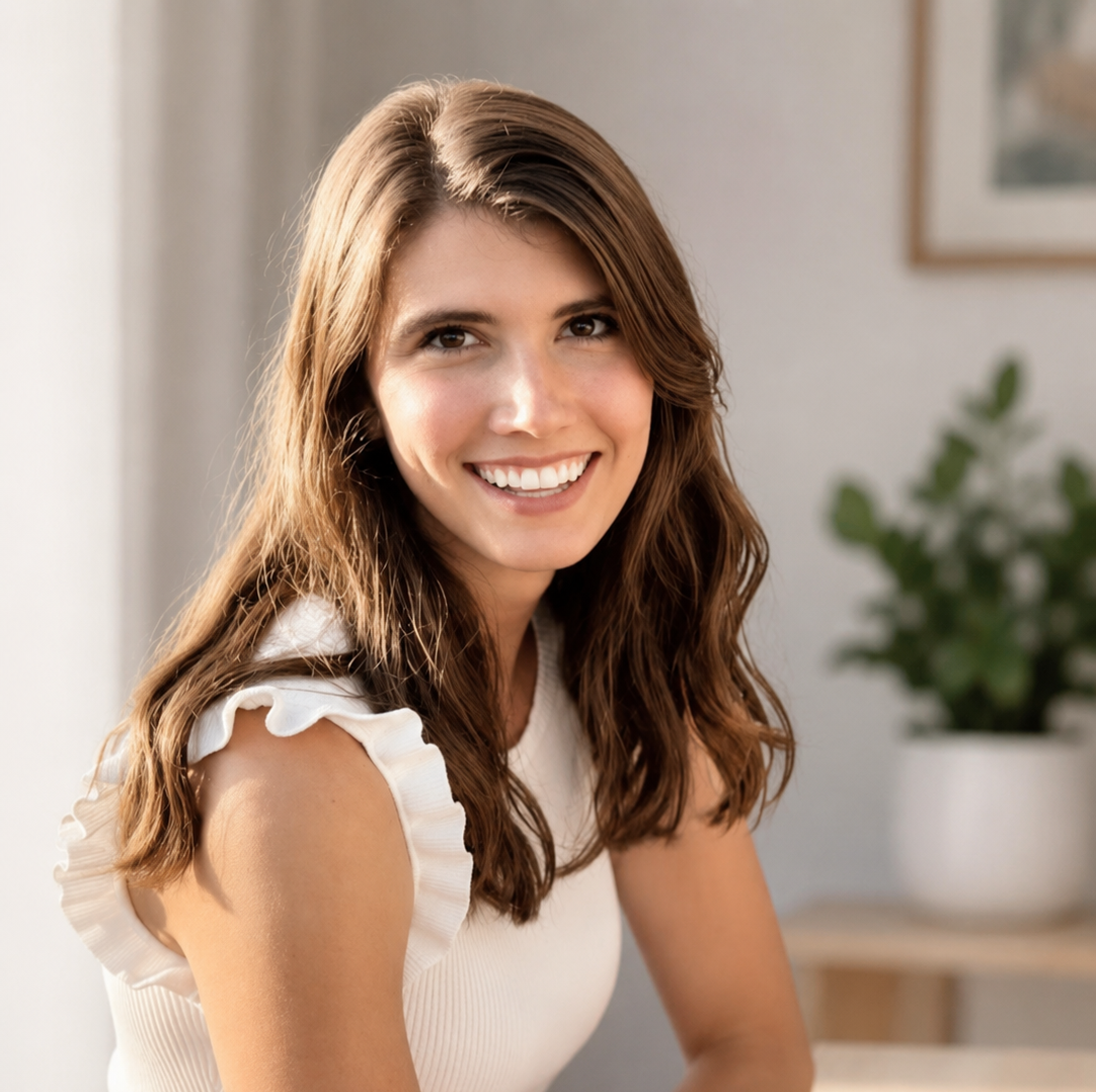 A woman with brown hair and a white top smiling at the camera indoors.