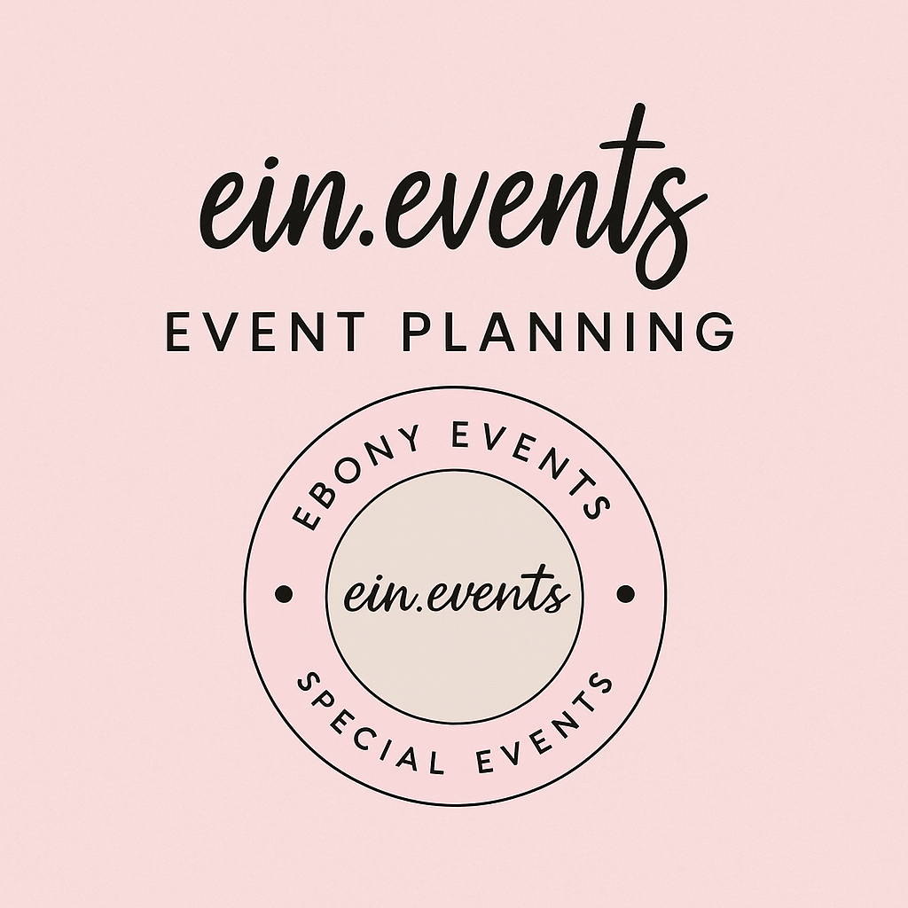 Pink background with black text displaying 'ein.events' and 'EVENT PLANNING'. Circular logo in the center with 'FONY EVENTS', 'SPECIAL EVENTS', and 'ein.events'.