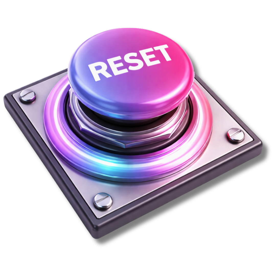 A futuristic digital button labeled "RESET" in bold white letters, glowing with neon purple, pink, and blue lights on a metallic surface.