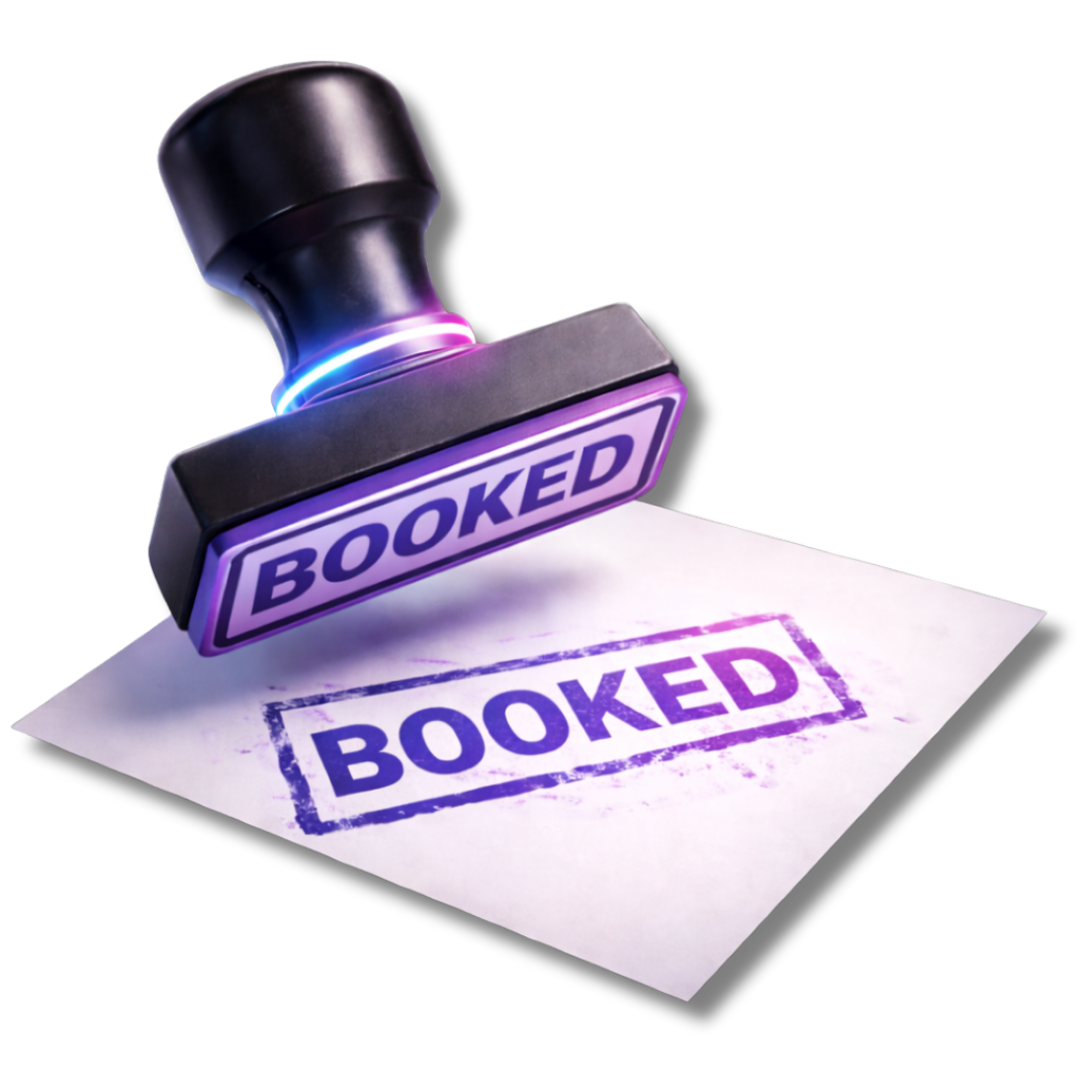 A rubber stamp with the word 'BOOKED' being stamped onto a white paper, with the stamped word also visible on the paper.