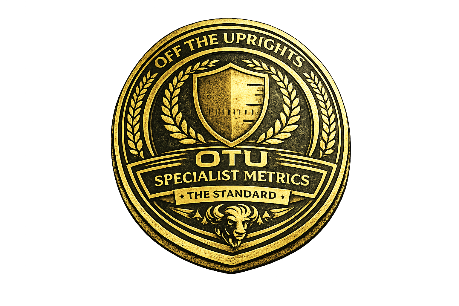 A circular emblem with black and gold colors displaying the phrase "Off the Uprights" at the top, a shield at the center, laurel wreaths, and a lion's head at the bottom. It includes the words "OTU," "Specialist Metrics," and "The Standard."
