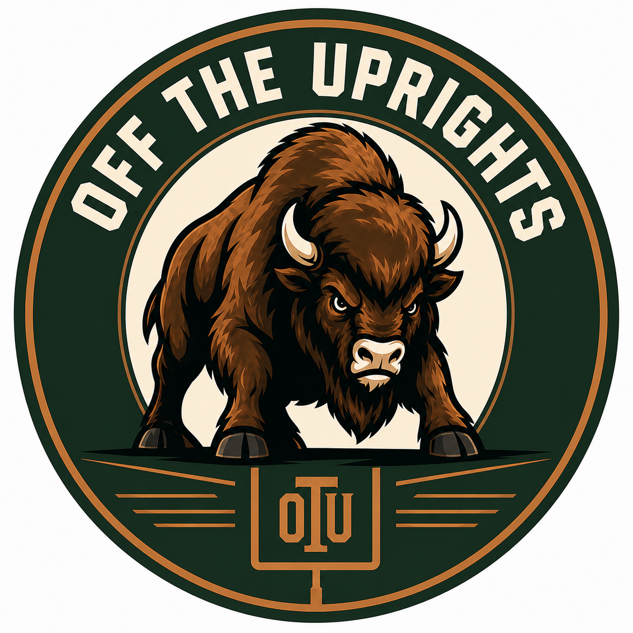 A circular emblem with black and gold colors displaying the phrase "Off the Uprights" at the top, a shield at the center, laurel wreaths, and a lion's head at the bottom. It includes the words "OTU," "Specialist Metrics," and "The Standard."