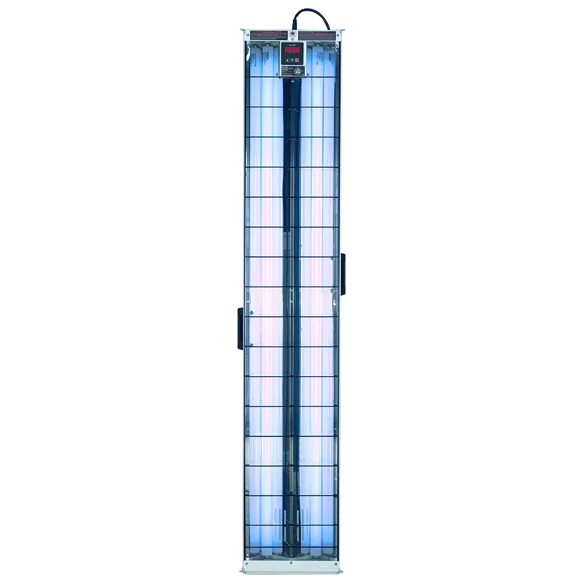 Vertical ultraviolet germicidal sterilizer with glowing UV lights and a digital control panel at the top.