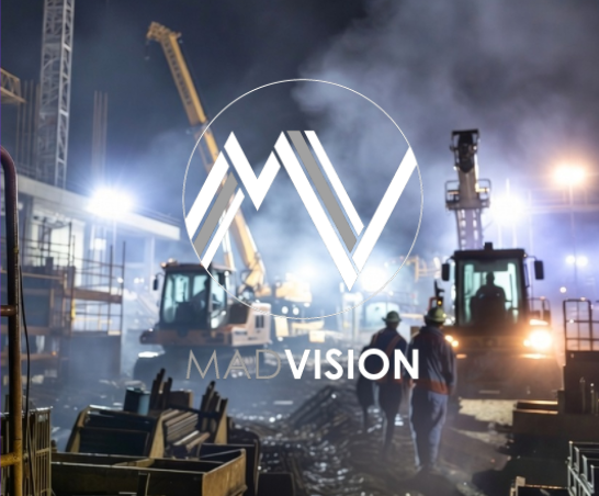 Construction site at night with workers and heavy machinery, with a logo for 'MADVISION' overlaid.