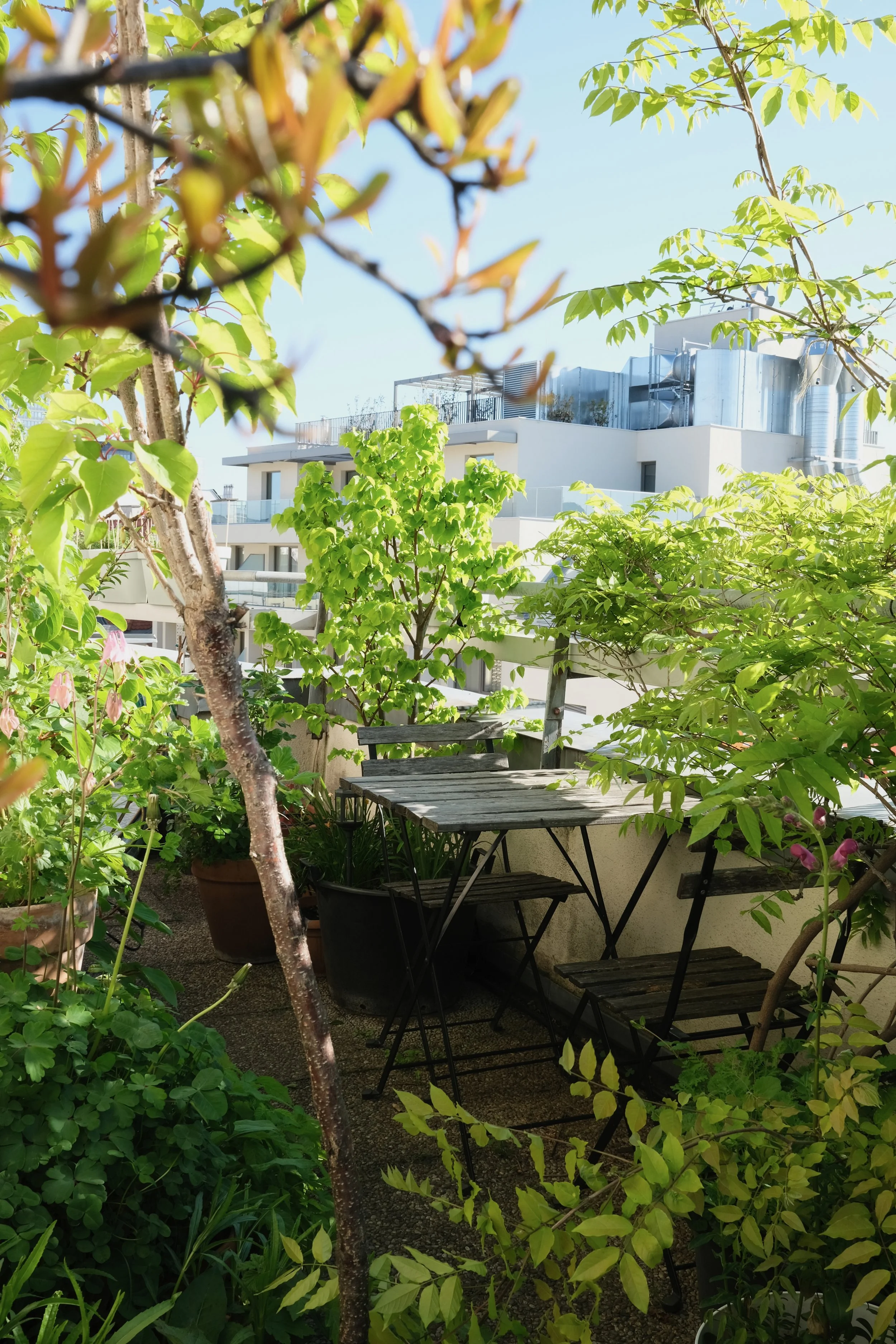 Městský balkon s dřevěným nábytkem a květináči