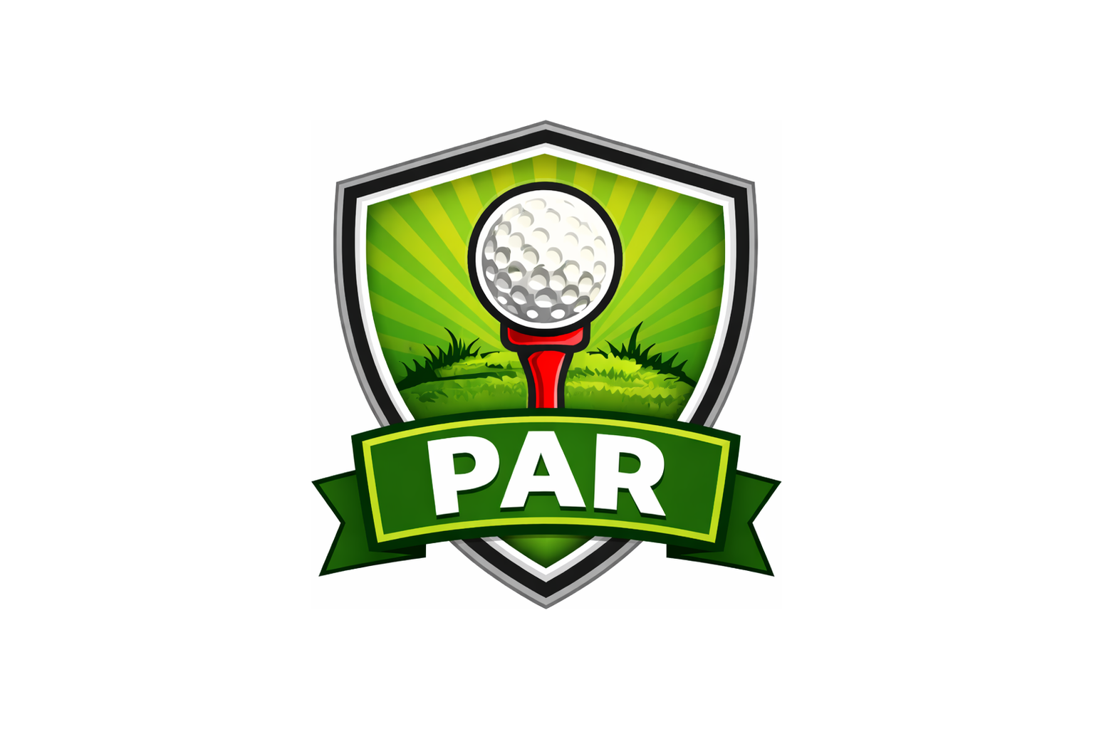Golf badge featuring a golf ball on a tee against a green background with a shield outline and a green banner reading 'PAR'.